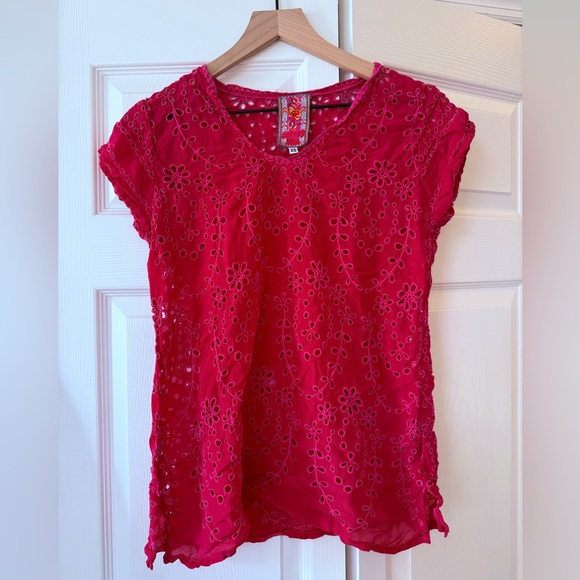 Johnny Was Tops - Johnny Was Pink Fuchsia Eyelet and Embroidery Top